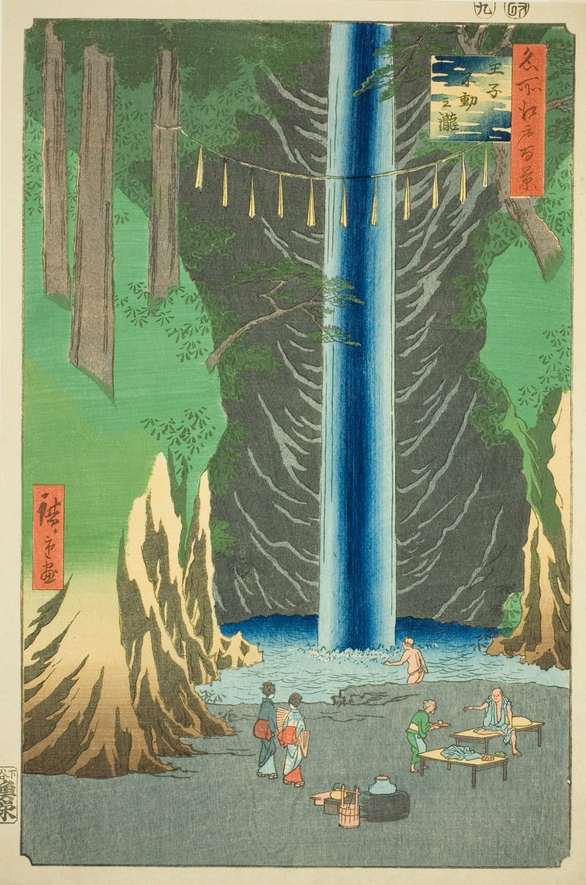 Fudo Falls w Oji (Wujek Fudo no Taki), z serii Te „Grzbiety grzbietów sieci Widoki Edo (Sto słynnych widoków Edo)” autorstwa Utagawa Hiroshige