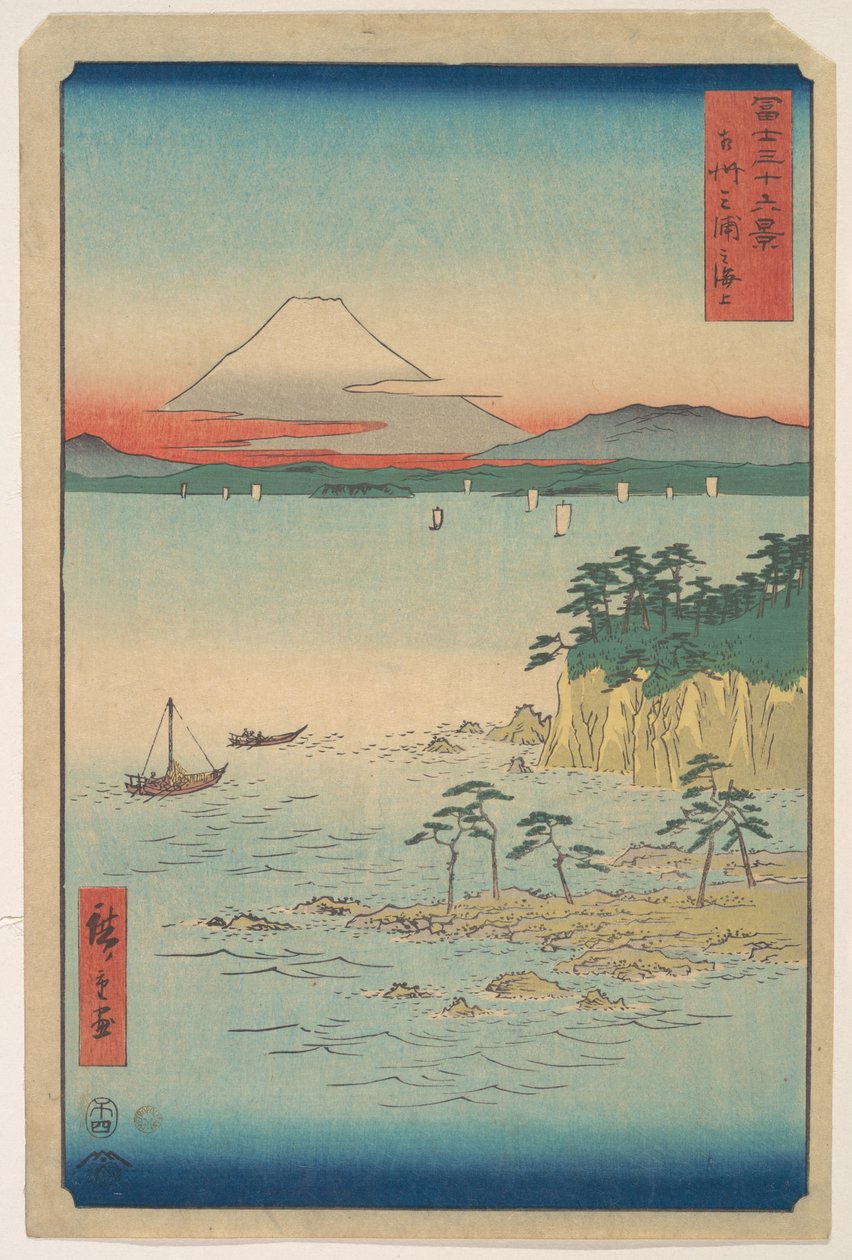 Fuji z Miury w Sagami (Soshu Miura no Kaijo), z cyklu „Trzydzieści sześć widoków góry Fuji” (Fugaku sanjūrokkei) autorstwa Utagawa Hiroshige