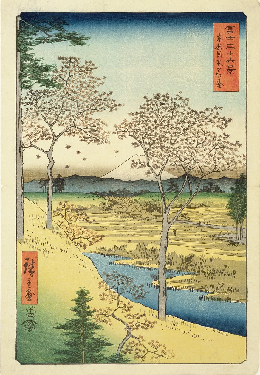 Fuji z Yuhi-Ga, Megwo, nr 10 z serii „36 widoków góry Fuji” („Fuji Saryu Rokkei”), (kolorowy drzeworyt) autorstwa Utagawa Hiroshige