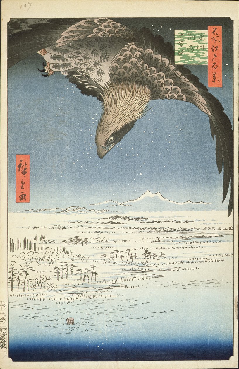 Fukagawa Susaki i Jumantsubo, nr 107 ze słynnego widoku Edo, 1857 (kolorowy druk drzeworytu) autorstwa Utagawa Hiroshige