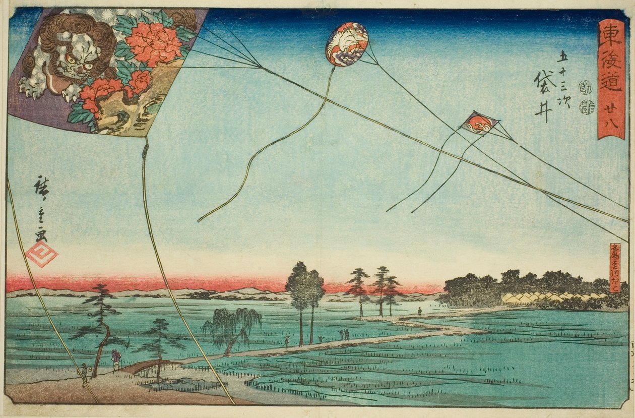 Fukuroi: Słynne latawce Enshu (Fukuroi, meibutsu Enshu dako) – nr 28 z serii „Pięćdziesiąt trzy stacje Tokaido (Tokaido gojusan tsugi),” znane również jako Reisho Tokaido autorstwa Utagawa Hiroshige