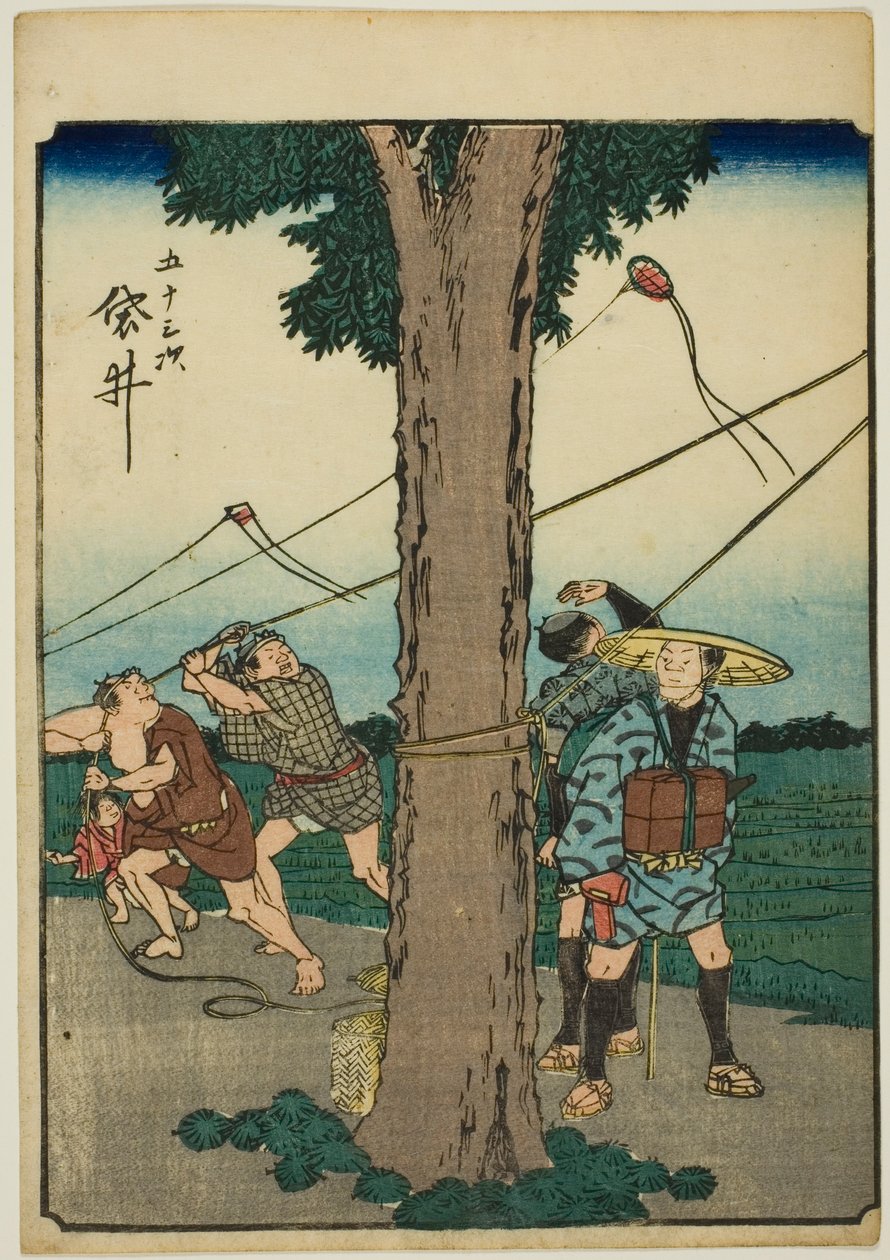 Fukuroi, z serii „pięćdziesiąt trzy dźwięki Stachi” „miejskości” (następnie Goshuyama) autorstwa Utagawa Hiroshige