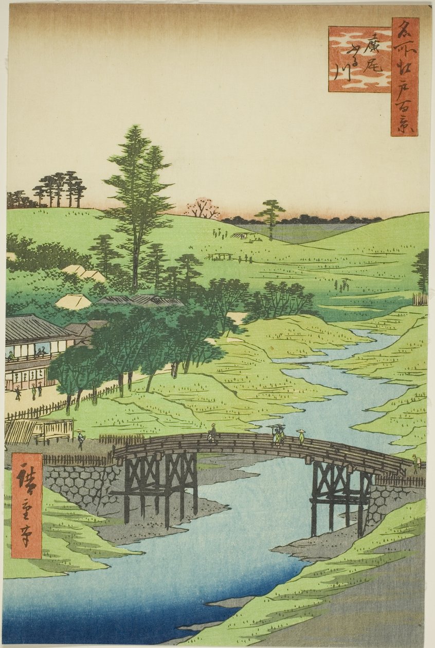 Rive Furukawa, Hiroo (Hiroo Furukawa), z serii „Ridge dre d fa net s view ws of Edo (Sto słynnych widoków Edo)” autorstwa Utagawa Hiroshige