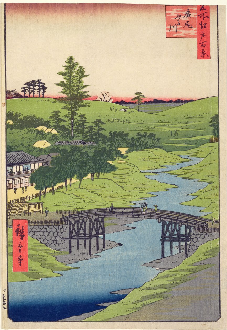 Rzeka Furukawa, Hiroo ze stu słynnych widoków Edo lipca 1856 (kolorowy druk drewna) autorstwa Utagawa Hiroshige