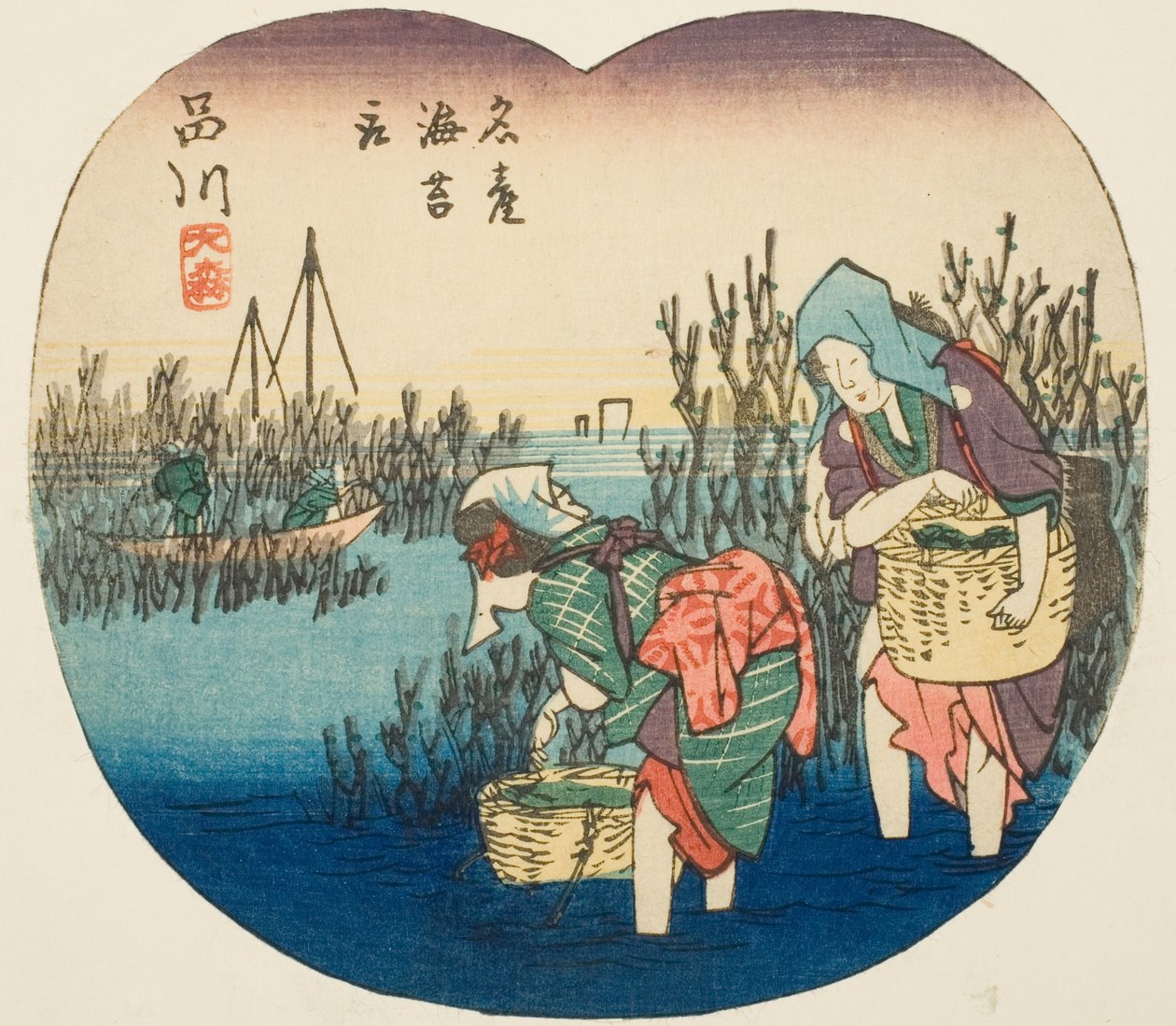 Zbieranie wodorostów w Omori w Shinagawa (Shinagawa, Omori, meisan nori tori), fragment arkusza nr 1 z serii „Wycinane obrazy drogi Tokaido (Tokaido harimaze zue)” autorstwa Utagawa Hiroshige