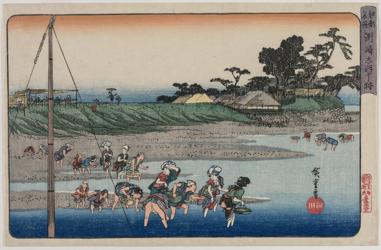 Zbieranie skorupiaków podczas odpływu w Susaki, z serii Znane miejsca w Edo, połowa lat 30. XIX wieku. autorstwa Utagawa Hiroshige