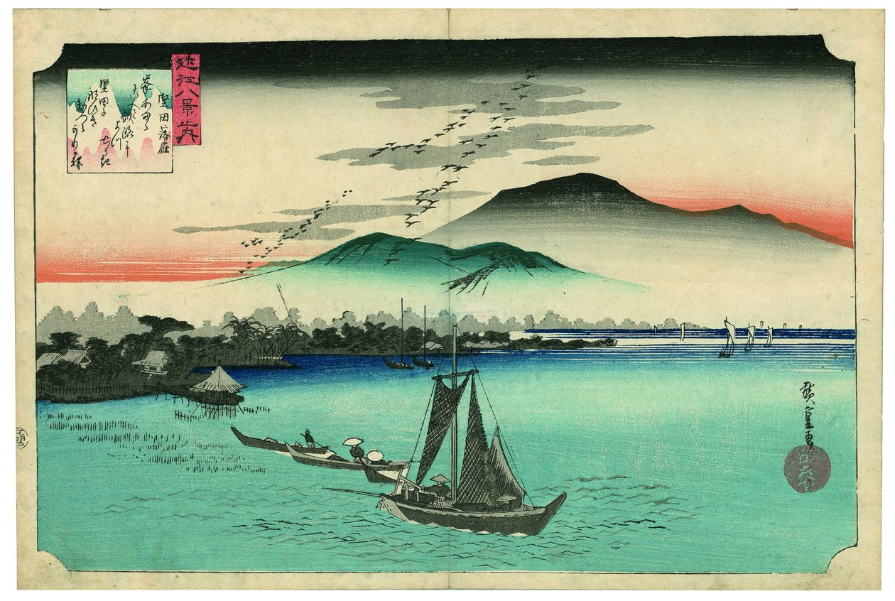 Gęsi schodzące w Katadzie autorstwa Utagawa Hiroshige