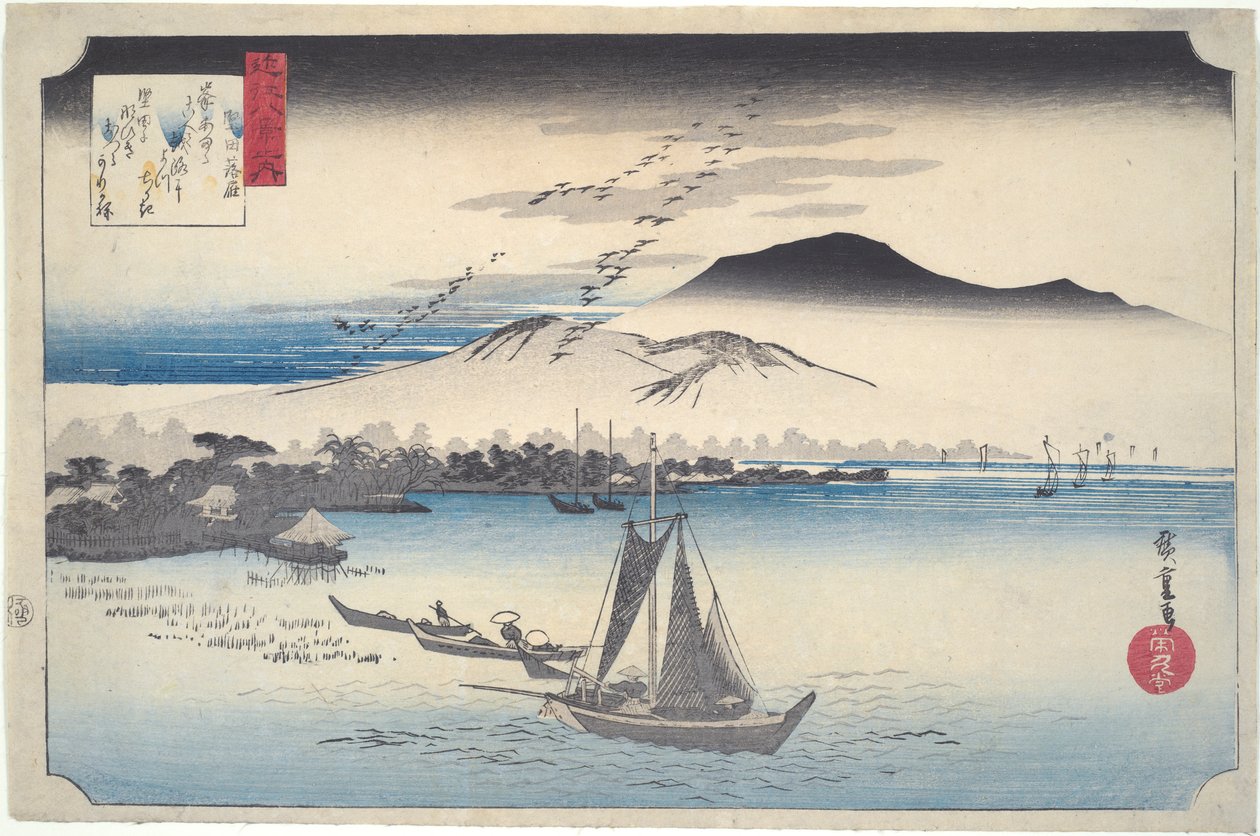 Gęsi schodzące w Katadzie: Osiem widoków Omi autorstwa Utagawa Hiroshige