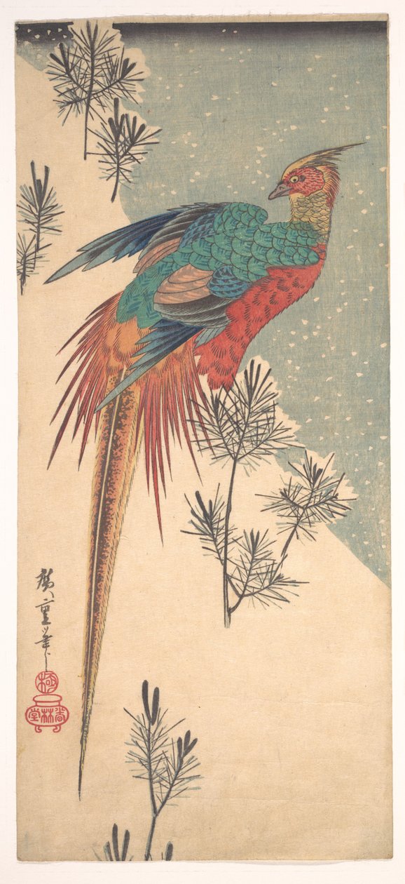 Złoty bażant i pędy sosny na śniegu autorstwa Utagawa Hiroshige