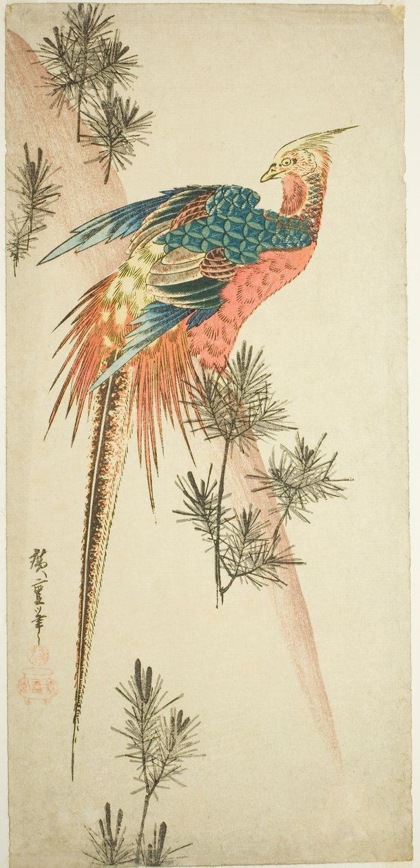 Bażant złocisty i pędy sosny na śniegu autorstwa Utagawa Hiroshige