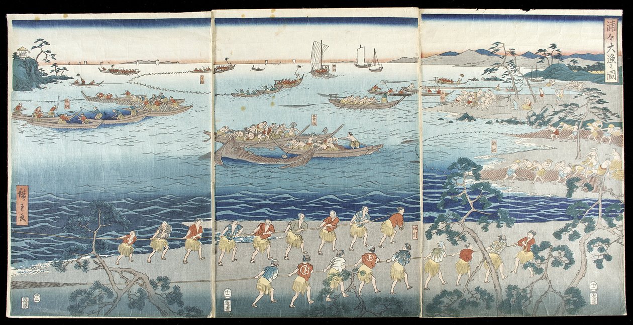 Wspaniała scena połowów w zatoce autorstwa Utagawa Hiroshige