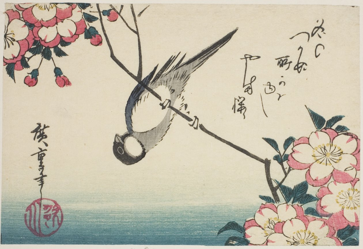 Sikora bogatka na gałęzi wiśni autorstwa Utagawa Hiroshige