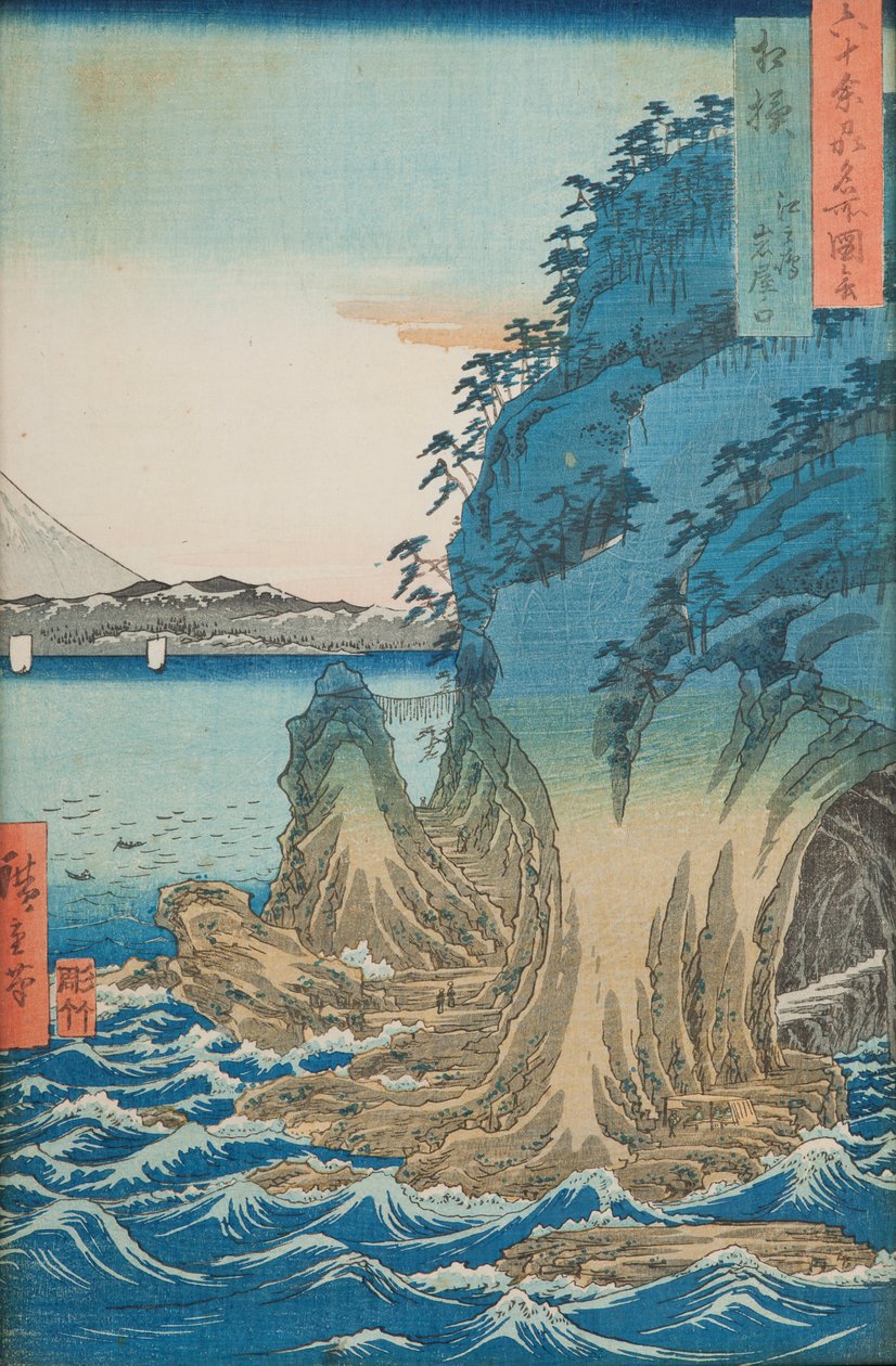 Groty na wyspie Enoshima w prowincji Sagami / Sagami Enoshima Iwaya no kuchi, plansza 15 z serii: Widoki słynnych miejsc w ponad sześćdziesięciu prowincjach / Rokuju yoshu meisho zue autorstwa Utagawa Hiroshige