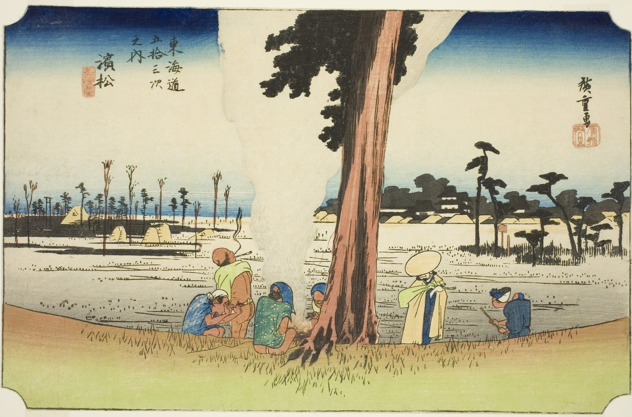 Hamamatsu: Scena zimowa (Hamamatsu, fuyugare no zu), z serii „Pięćdziesiąt trzy stacje Tokaido (Tokaido gojusan tsugi no uchi),” znana również jako Hoeido Tokaido autorstwa Utagawa Hiroshige