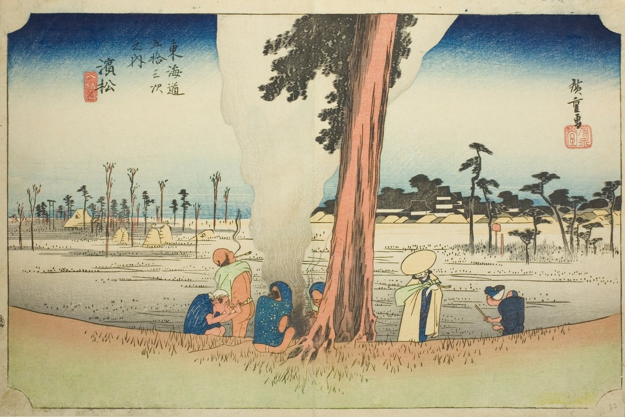 Hamamatsu: Scena zimowa (Hamamatsu, fuyugare no zu), z serii „Pięćdziesiąt trzy stacje Tokaido (Tokaido gojusan tsugi no uchi),” znana również jako Hoeido Tokaido autorstwa Utagawa Hiroshige