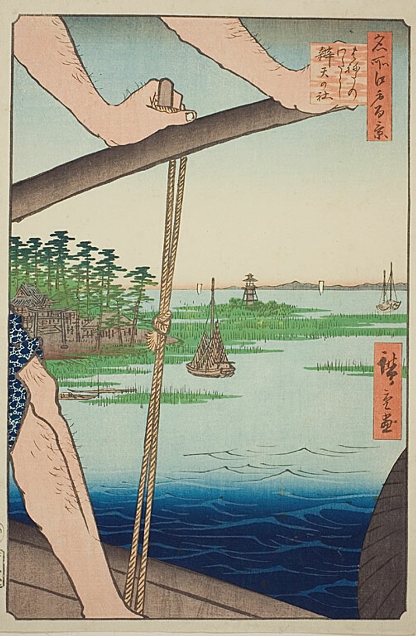 Prom Haneda i świątynia Benten (Haneda no watashi Benten no yashiro), nr 72 z serii "Sto słynnych widoków Edo (Meisho Edo hyakkei)". autorstwa Utagawa Hiroshige