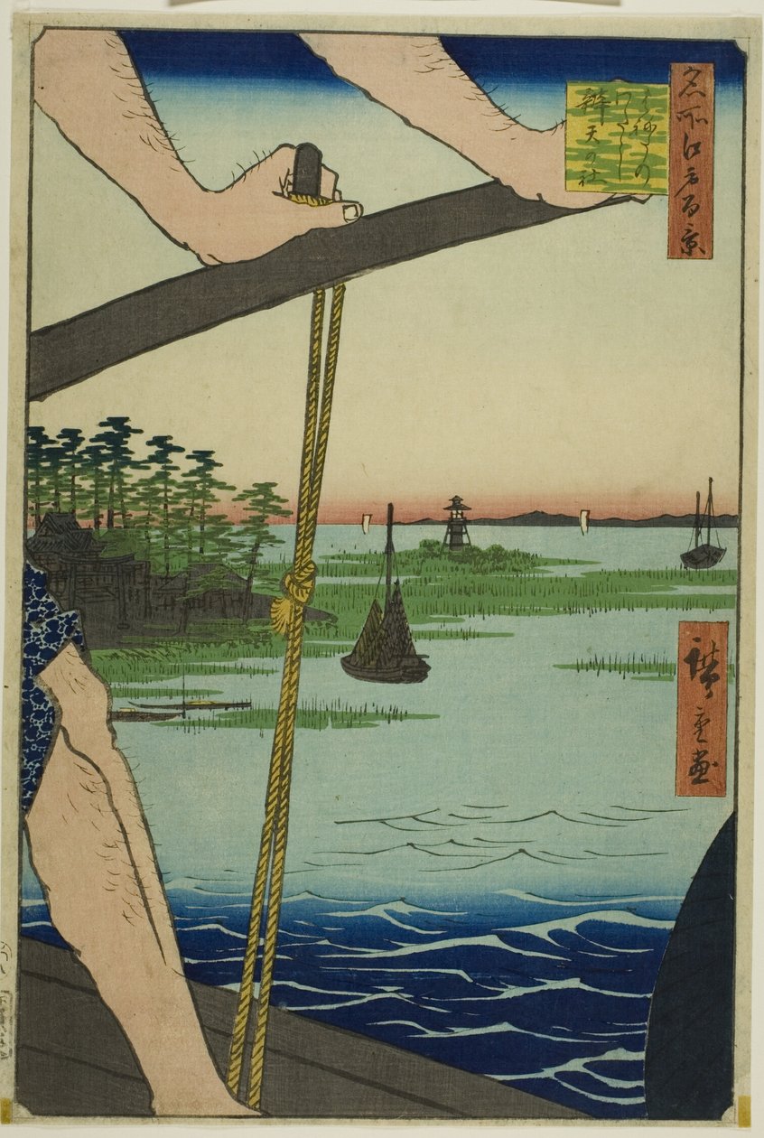Prom Haneda i świątynia Benten (Haneda no watashi Benten no yashiro), z serii "Sto słynnych widoków Edo (Meisho Edo hyakkei)". autorstwa Utagawa Hiroshige