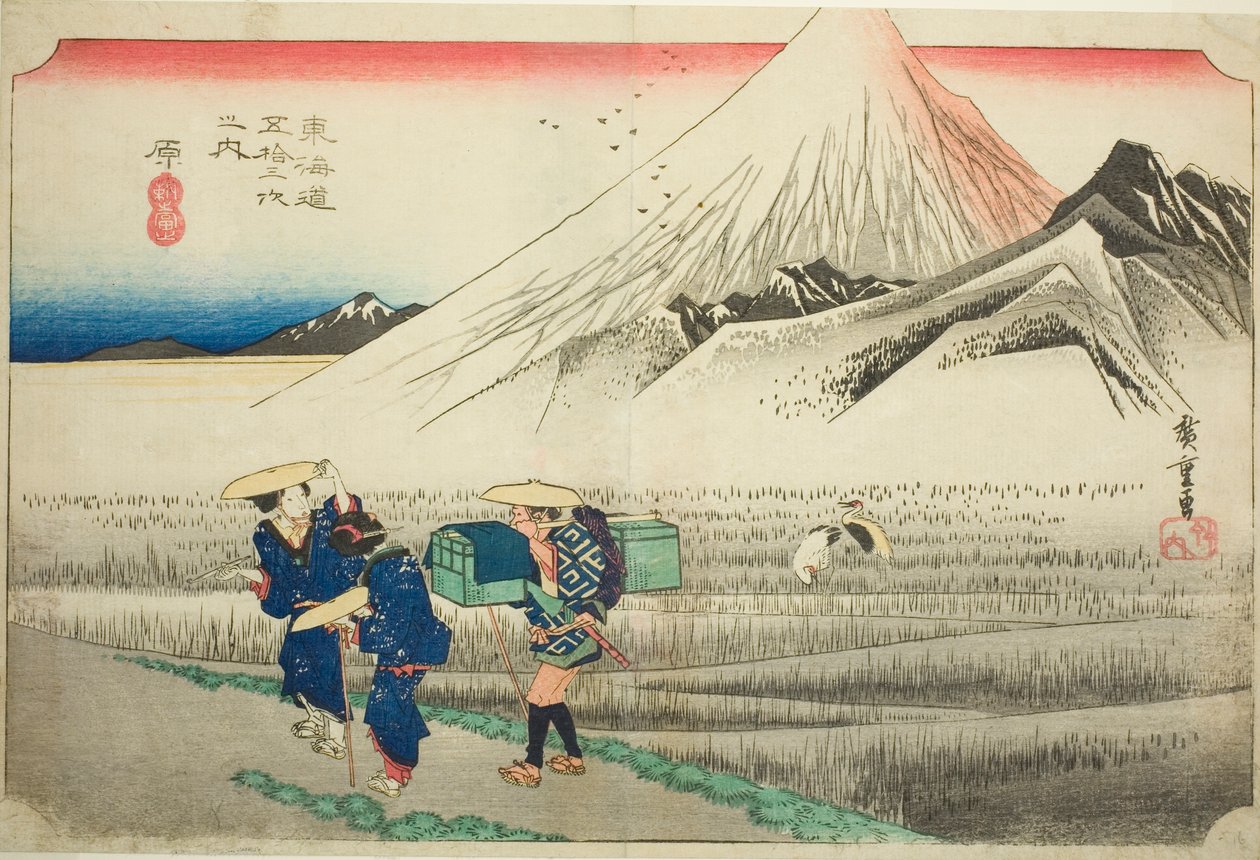 Hara: Góra Fuji o poranku (Hara, asa no Fuji), z serii „Pięćdziesiąt trzy stacje drogi Tokaido (Tokaido gojusan tsugi no uchi),” znanej również jako Hoeido Tokaido autorstwa Utagawa Hiroshige