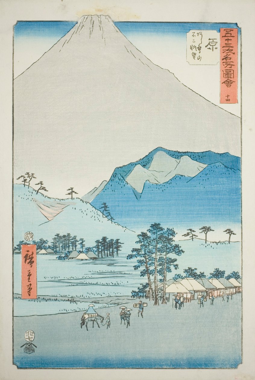 Hara: Widok na góry Ashitaka i górę Fuji (Hara, Ashitakayama Fuji chobo), nr. 14 z serii „Słynne zabytki pięćdziesięciu trzech stacji (Gojusan tsugi meisho zue),” znanej również jako Vertical Tokaido autorstwa Utagawa Hiroshige