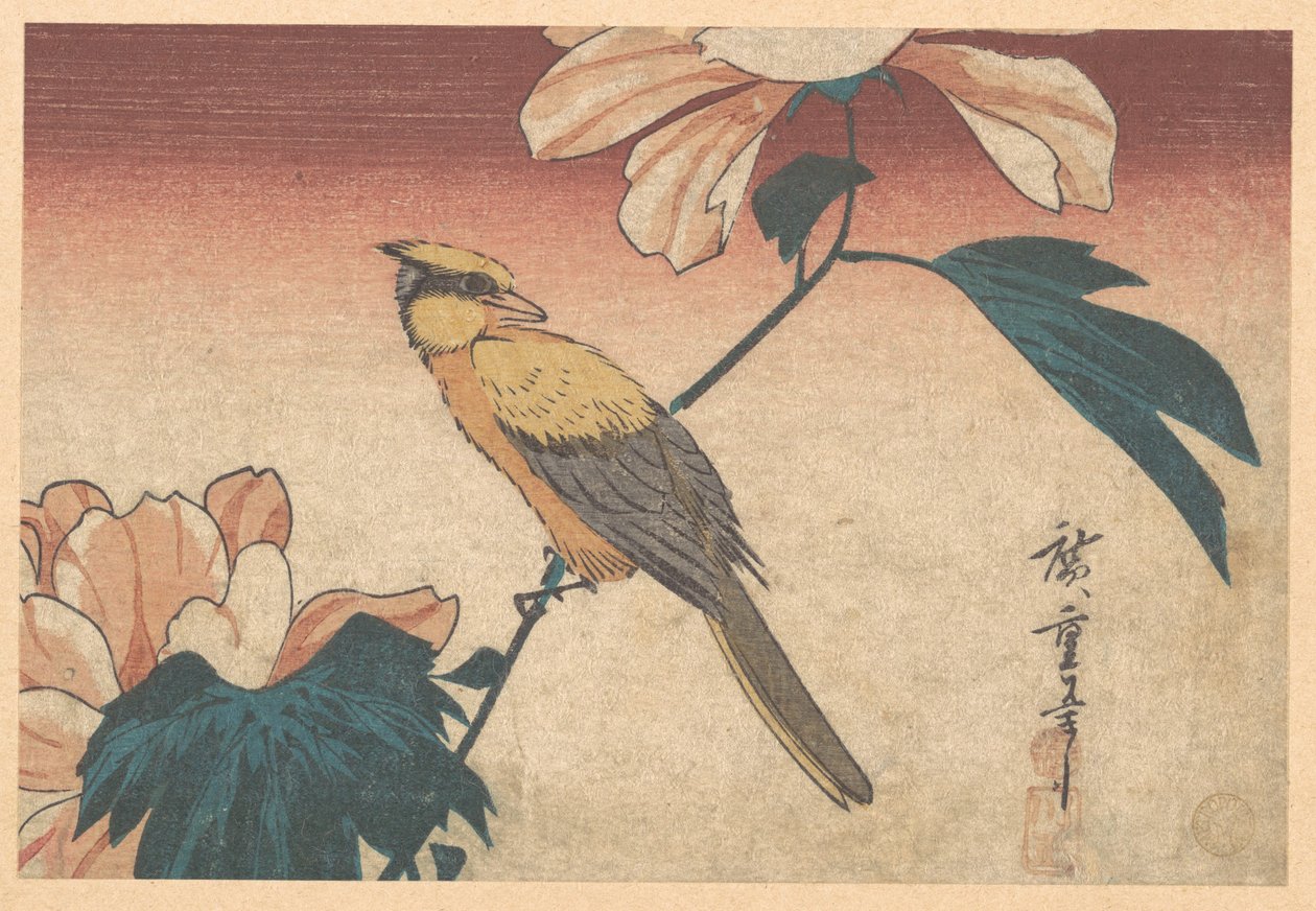 Hibiscus mutabilis i sójka autorstwa Utagawa Hiroshige