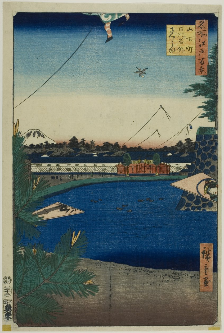 Hibiya i Soto-Sakurada z Yamashita-cho (Yamashita-cho Hibiya Soto-Sakurada), z serii "Sto słynnych widoków Edo (Meisho Edo hyakkei)". autorstwa Utagawa Hiroshige