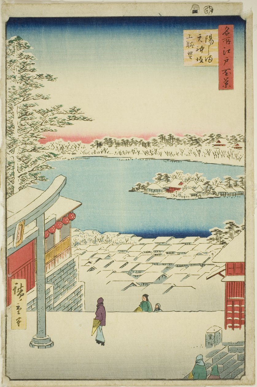 Pociągnij widok l i p z Yushima Tenjin Shline (Yushima Tenjin Sakaue Tembo), z serii „Ridge dred fan net s views of Edo (Sto widoków Edo)” autorstwa Utagawa Hiroshige