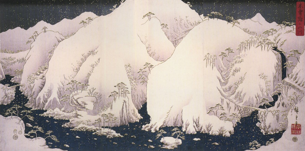 Hiroshige, Rzeka wśród ośnieżonych gór autorstwa Utagawa Hiroshige