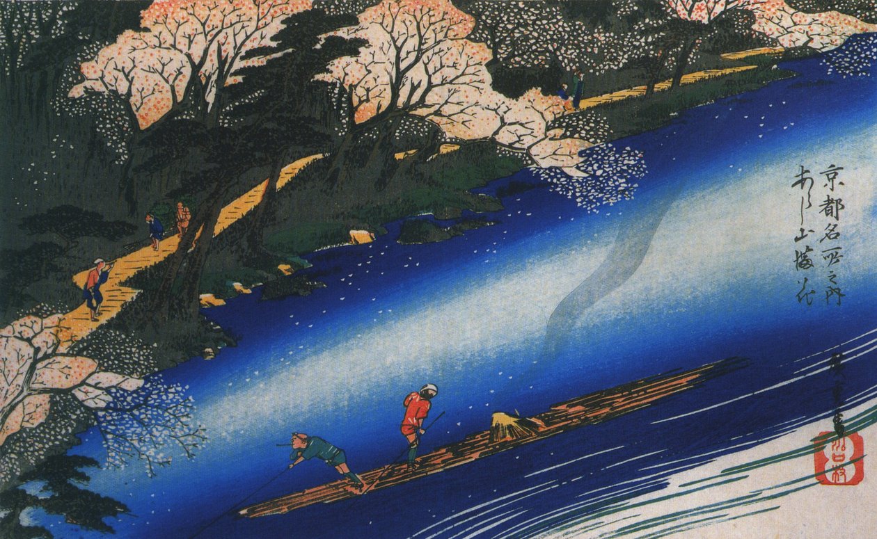 Hiroshige polujący na tratwie na rzece autorstwa Utagawa Hiroshige