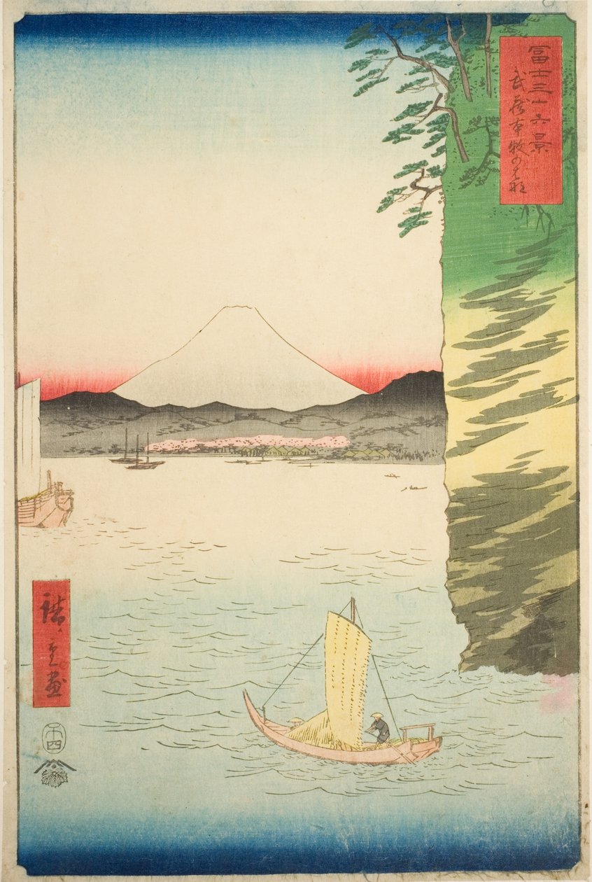 Członek Honboku Musashi P Rovinse (Musashi Honmoku no Hana), z Teseries ``Tyrty-Mr. autorstwa Utagawa Hiroshige
