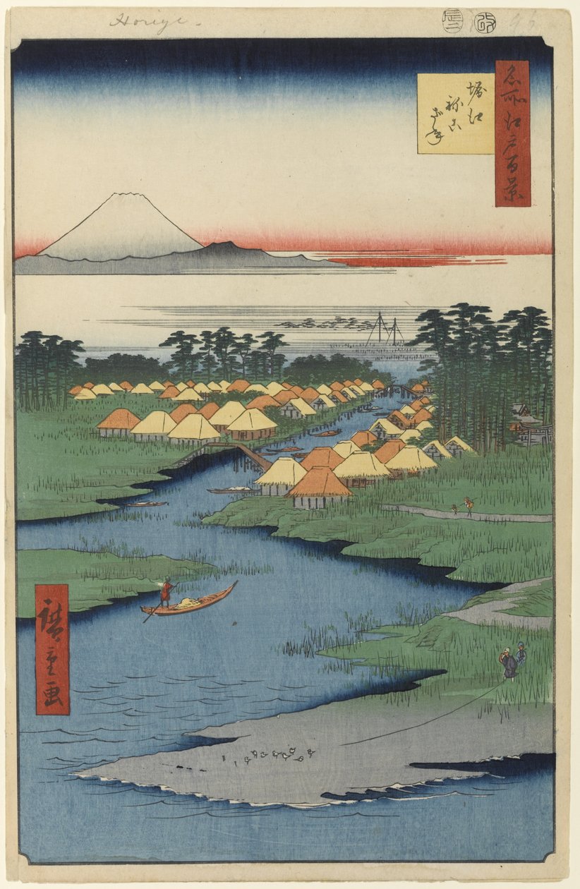 Horie i Nekozane, nr 96 z Sto słynnych widoków Edo, 1856 (drzewnictwo) autorstwa Utagawa Hiroshige