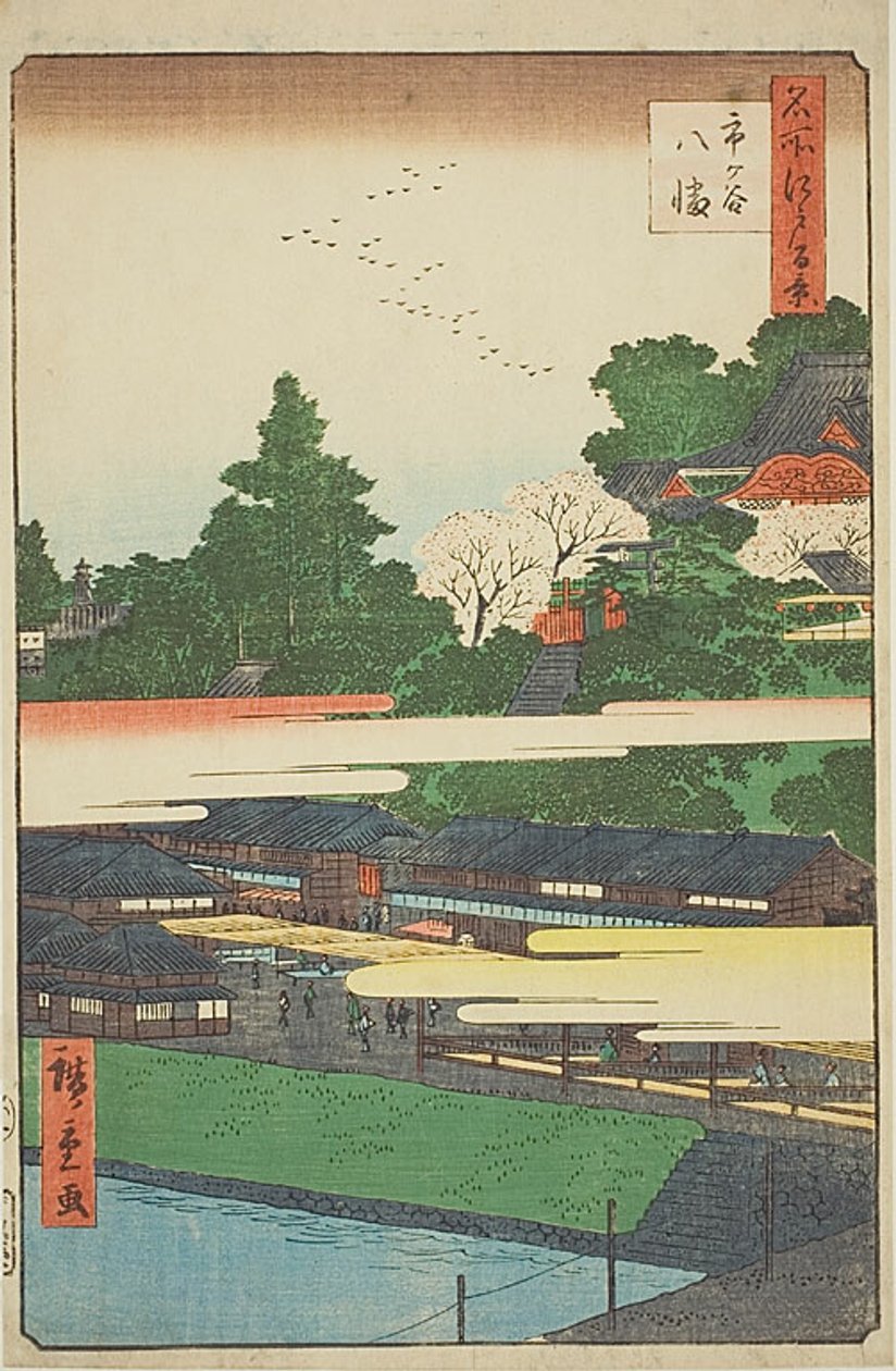 Ichigaya Hachiman Shrine (Ichigaya Hachiman), nr 41 z serii "One Hundred Famous Views of Edo (Meisho Edo hyakkei)". autorstwa Utagawa Hiroshige