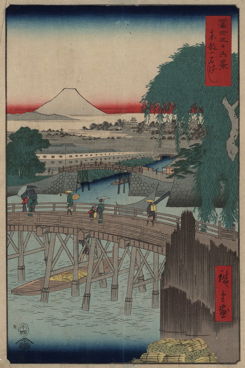 Most Ichikobu Z serii 36 Widoki góry Fuji, 1858 autorstwa Utagawa Hiroshige