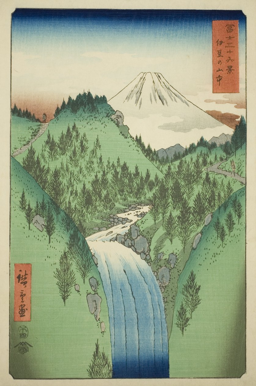 W górach prowincji Izu (Izu no sanchu), z serii „Trzydzieści sześć widoków na górę Fuji (Fuji sanjurokkei)” autorstwa Utagawa Hiroshige