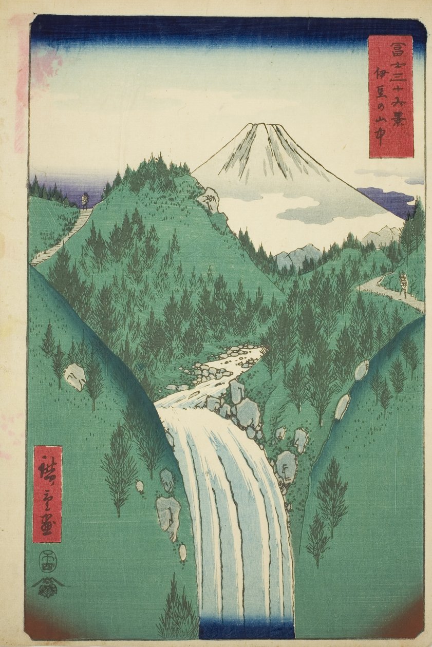 W górach prowincji Izu (Izu no sanchu), z serii „Trzydzieści sześć widoków na górę Fuji (Fuji sanjurokkei)” autorstwa Utagawa Hiroshige
