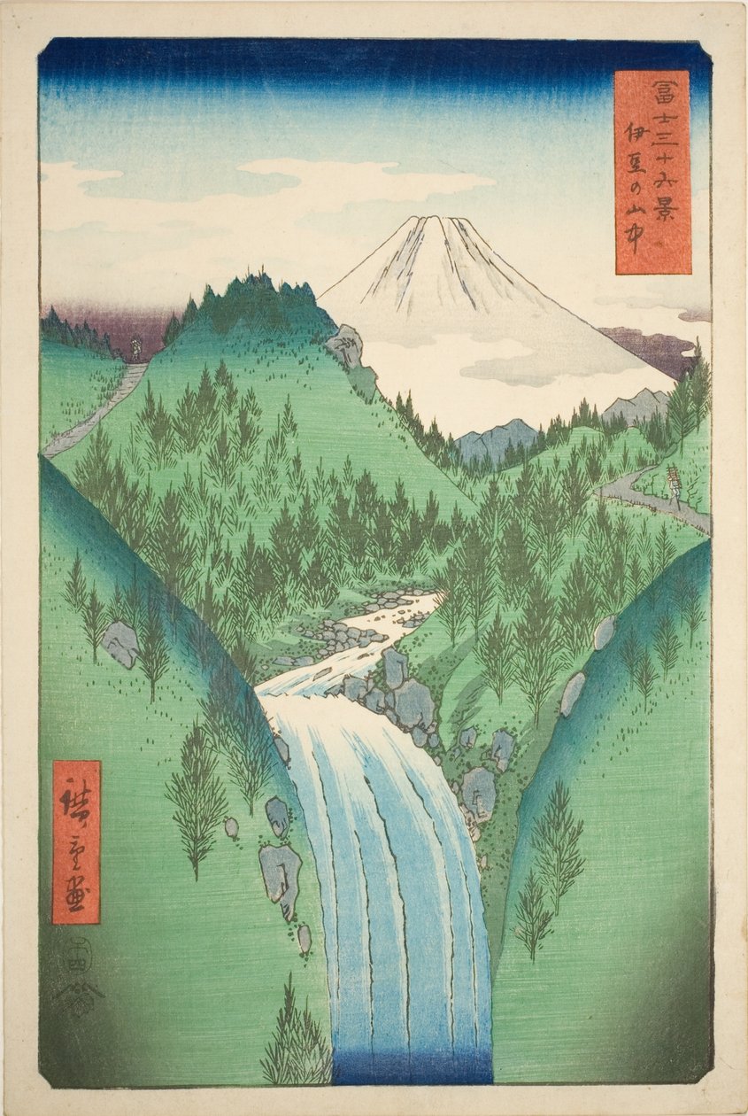 W górach prowincji Izu (Izu no sanchu), z serii „Trzydzieści sześć widoków na górę Fuji (Fuji sanjurokkei)” autorstwa Utagawa Hiroshige