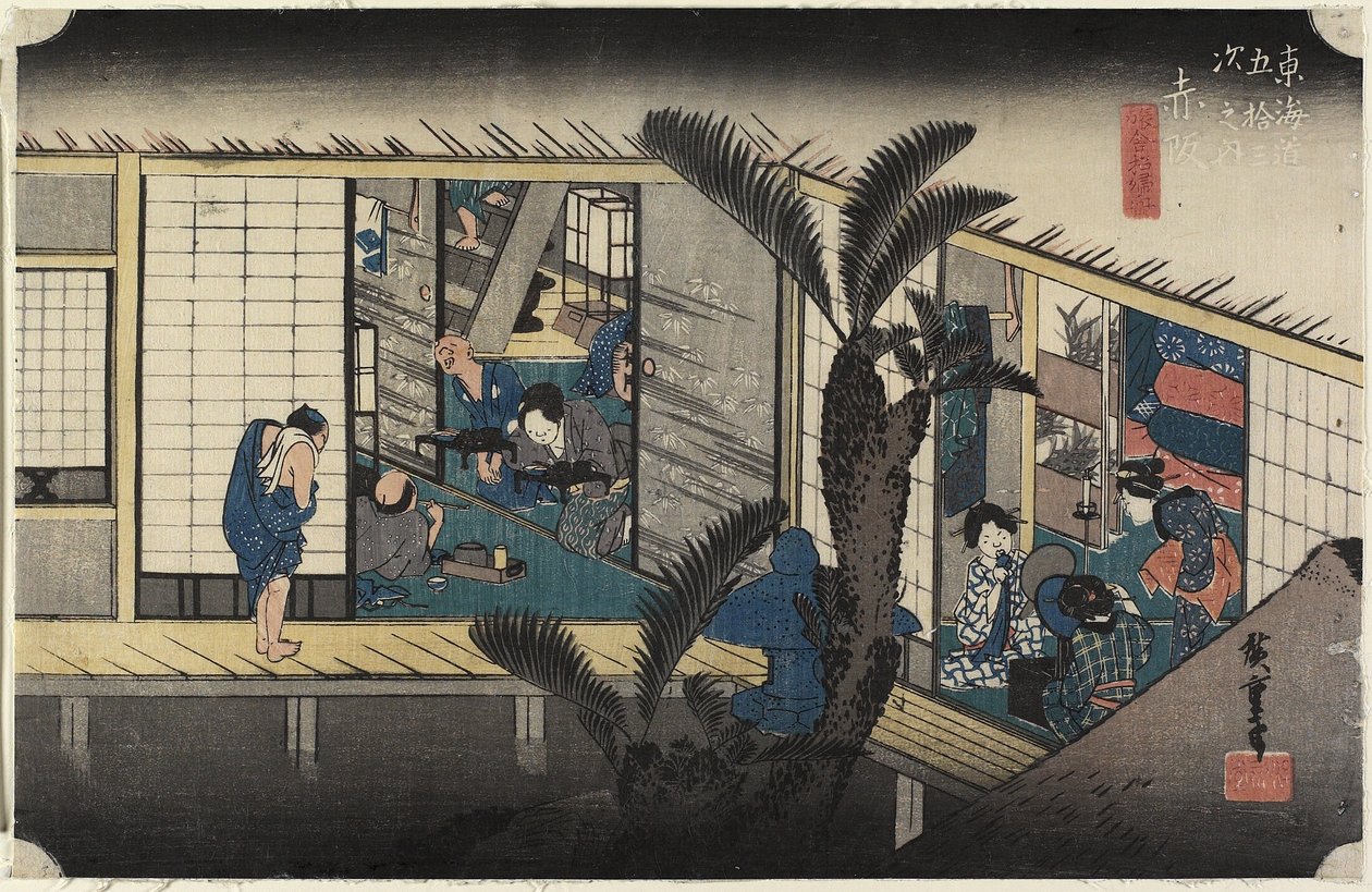 Karczma z Służącymi Służącymi, Akasaka, ok. 1930 1833 autorstwa Utagawa Hiroshige