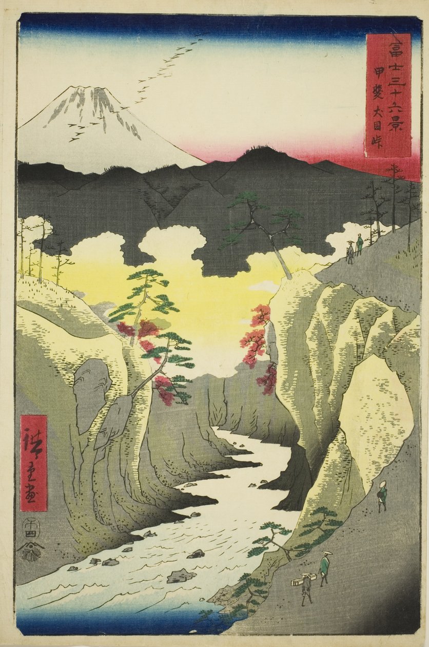 Przełęcz Inume w prowincji Kai (Kai Inume toge), z serii „Trzydzieści sześć widoków na górę Fuji (Fuji sanjurokkei)” autorstwa Utagawa Hiroshige
