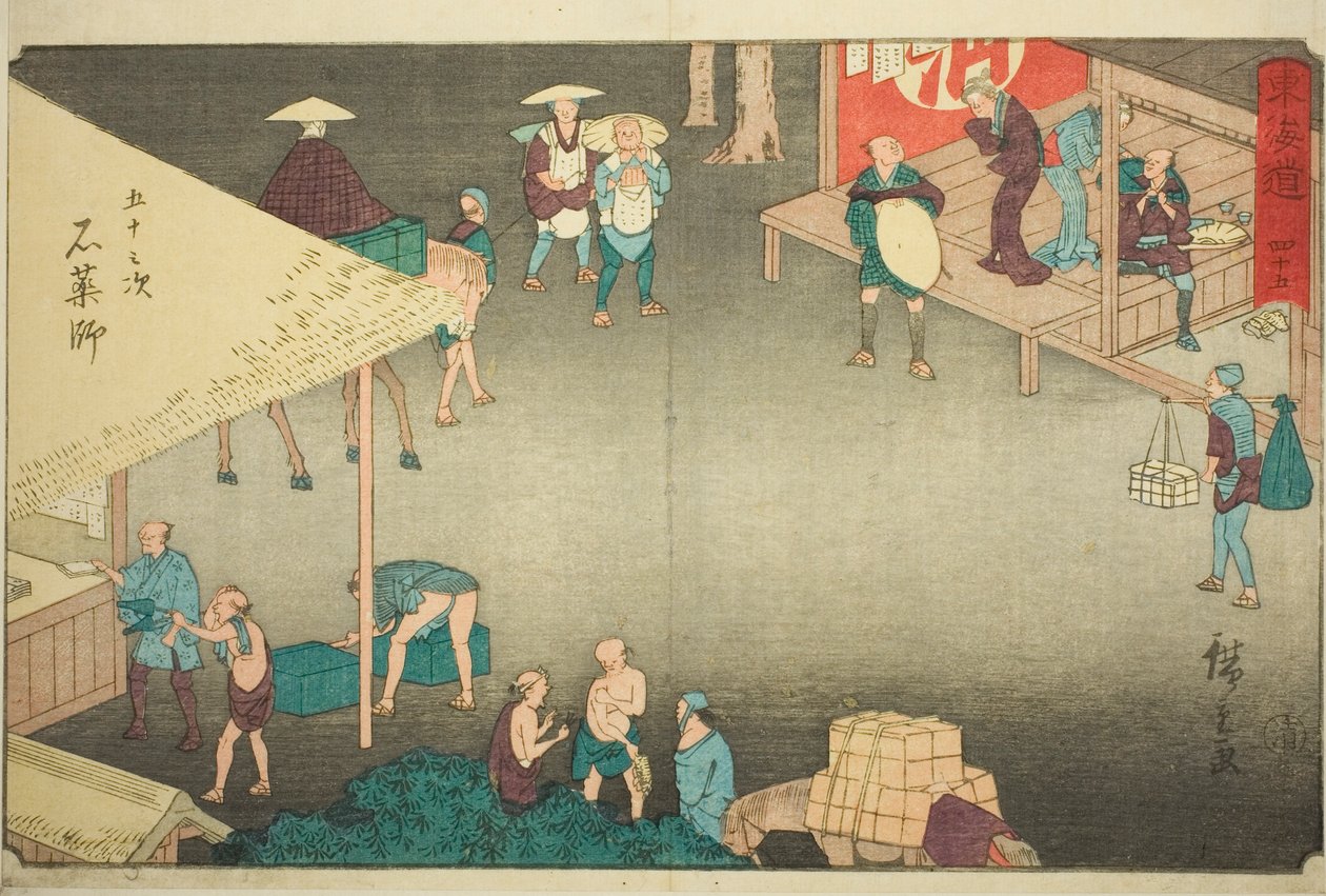 Ishi Yakushi – z. 45, z serii „pięćdziesiąt trzy s tachi dźwięków stopnia miejskiego (stopień miejski obok głównej góry)” autorstwa Utagawa Hiroshige