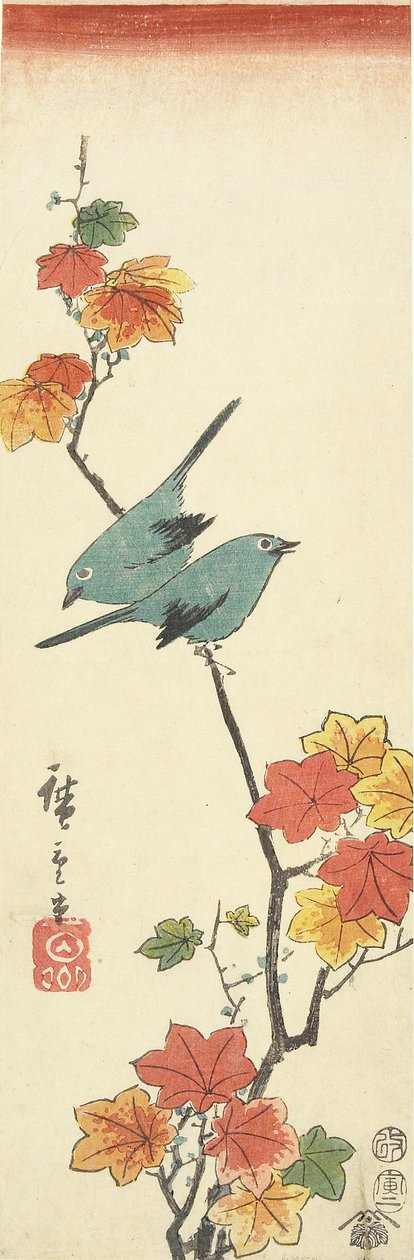 Białookie japońskie na gałęzi klonu, 1854 autorstwa Utagawa Hiroshige