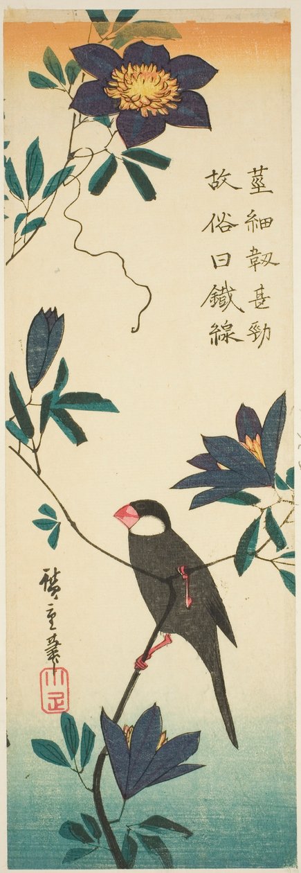 Wróbel jawajski i powojnik autorstwa Utagawa Hiroshige