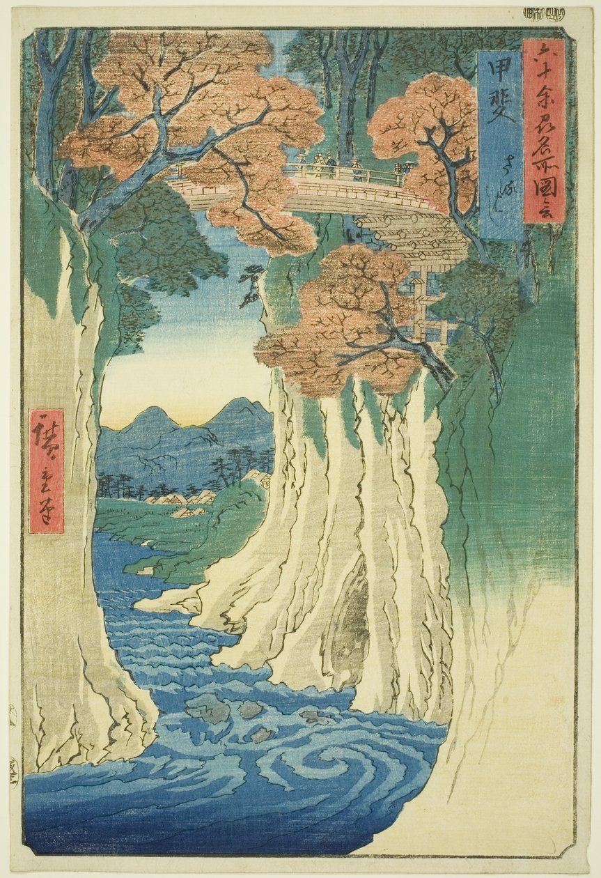 Prowincja Kai: Monkey Bridge (Kai, Saruhashi), z serii „Słynne miejsca w sześćdziesięciu nieparzystych prowincjach (Rokujuyoshu meisho zue)” autorstwa Utagawa Hiroshige