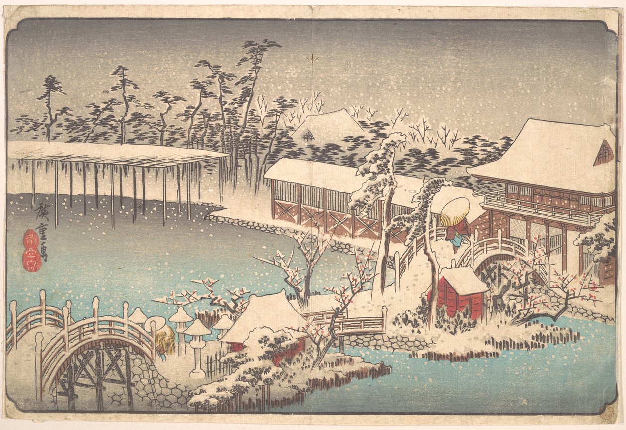 Śnieg na terenie Kameido Tenmangū autorstwa Utagawa Hiroshige