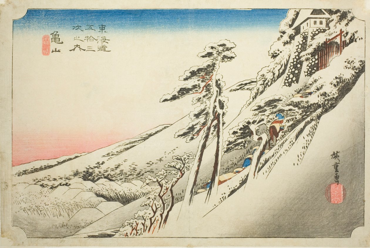 Kameyama: Weather Clearing after Snow (Kameyama, yukibare), z serii „Pięćdziesiąt trzy stacje Tokaido (Tokaido gojusan tsugi no uchi),” znany również jako Hoeido Tokaido autorstwa Utagawa Hiroshige
