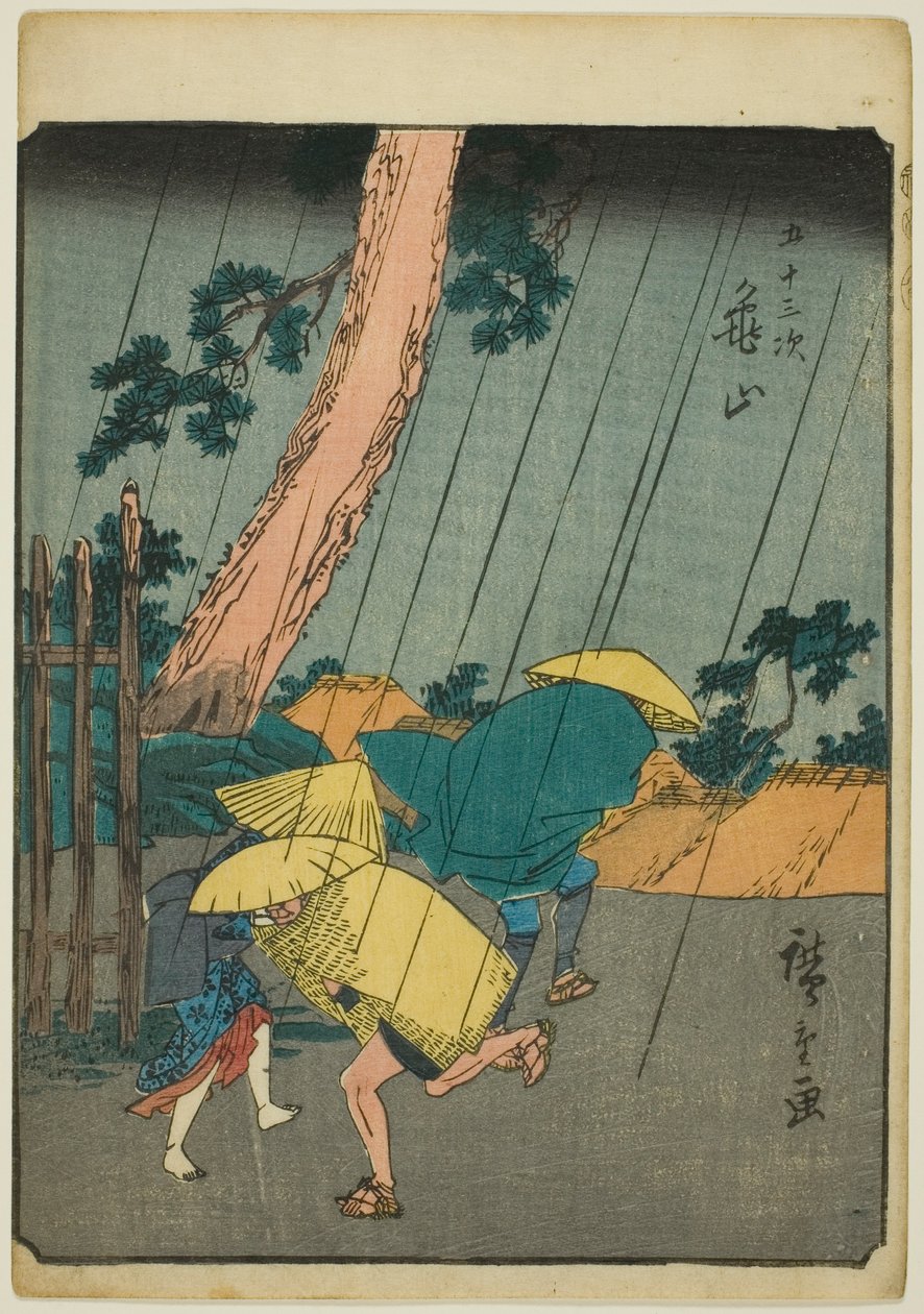 Kameyama, z serii „pięćdziesiąt trzy dźwięki tachi” „miejskości” (następnie Goshuyama) autorstwa Utagawa Hiroshige
