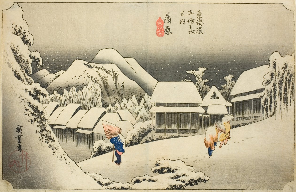 Kanbara: Wieczorny śnieg (Kanbara, yoru no yuki), z serii „Pięćdziesiąt trzy stacje Tokaido (Tokaido gojusan tsugi no uchi),” znany również jako Hoeido Tokaido autorstwa Utagawa Hiroshige