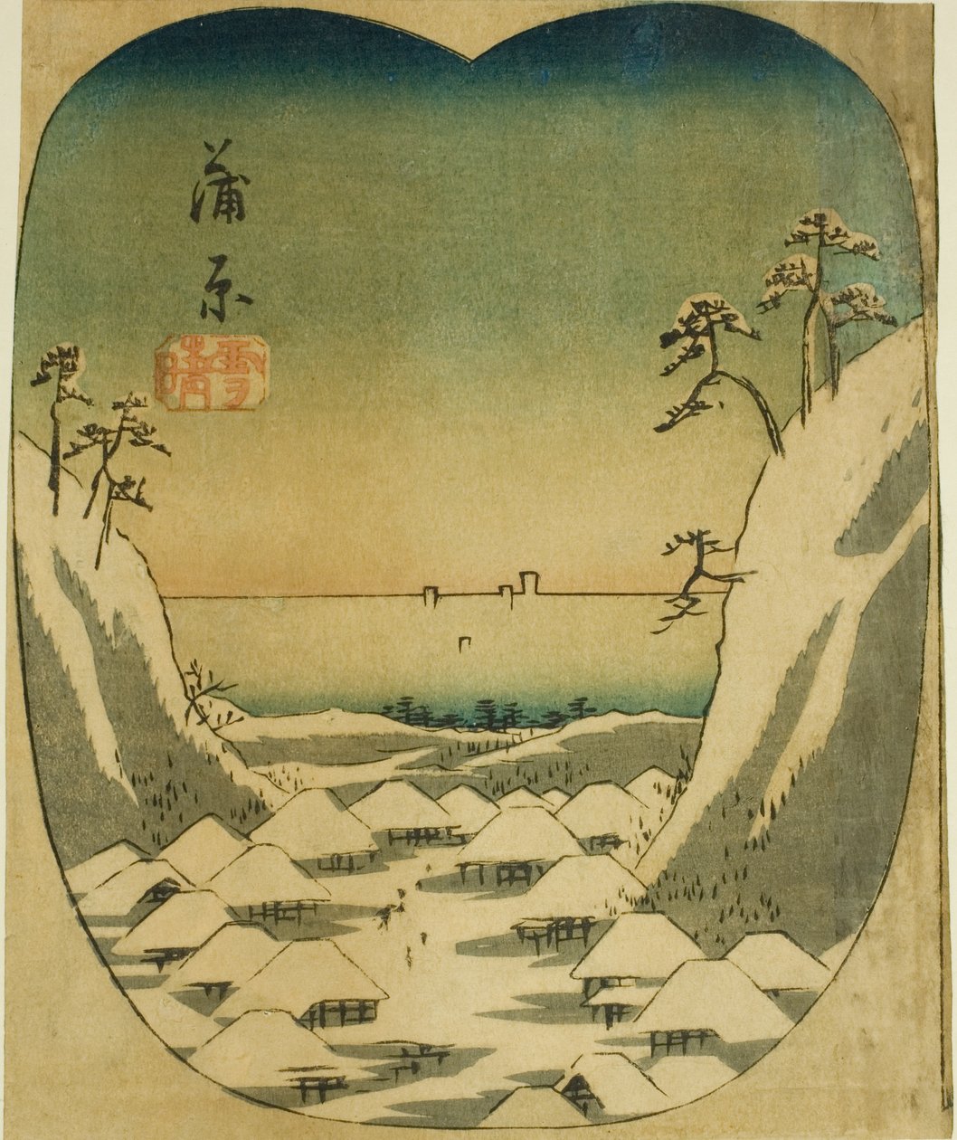 Kanbara, przekrój arkusza nr. 4 z serii „Wycinanki z pięćdziesięciu trzech stacji (Gojusan tsugi harimaze)” autorstwa Utagawa Hiroshige