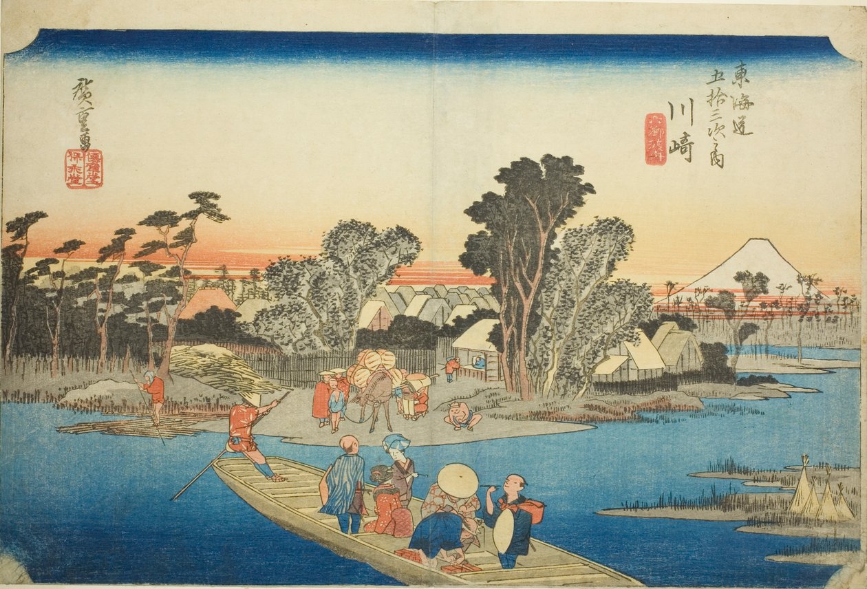 Kawasaki: Prom Rokugo (Kawasaki, Rokugo watashibune), z serii „Pięćdziesiąt trzy stacje Tokaido (Tokaido gojusan tsugi no uchi),” znany również jako Hoeido Tokaido autorstwa Utagawa Hiroshige