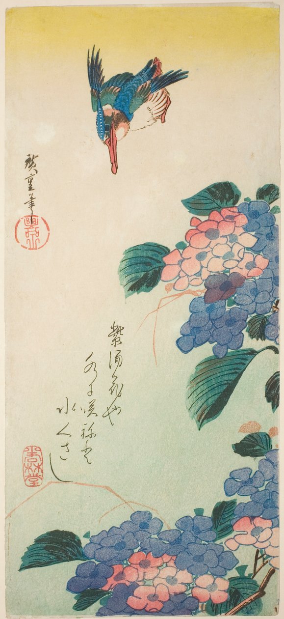 Zimorodek i hortensja autorstwa Utagawa Hiroshige