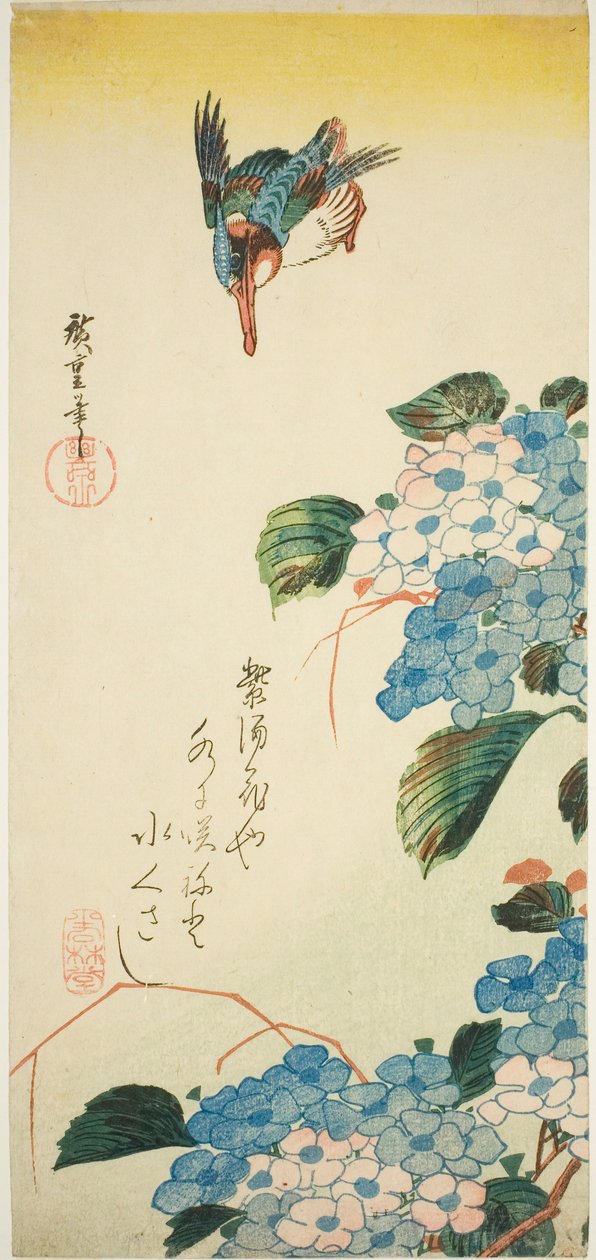 Zimorodek i hortensja autorstwa Utagawa Hiroshige