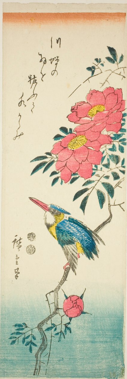 Zimorodek i róże autorstwa Utagawa Hiroshige
